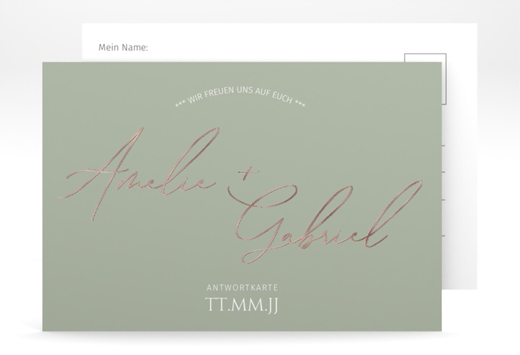 Antwortkarte Hochzeit Federschrift A6 Postkarte gruen rosegold in schlichtem Design mit Kalligrafie