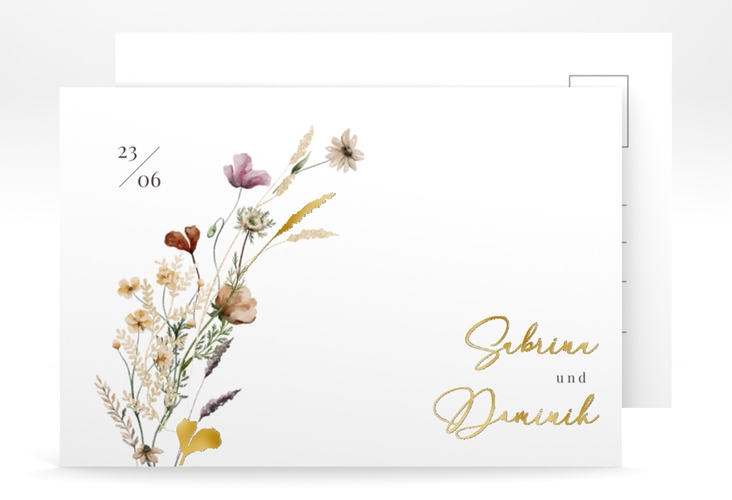 Save the Date-Postkarte Sauvages A6 Postkarte weiss gold mit getrockneten Wiesenblumen