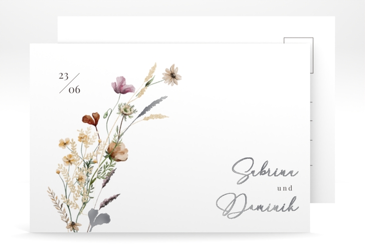 Save the Date-Postkarte Sauvages A6 Postkarte weiss silber mit getrockneten Wiesenblumen