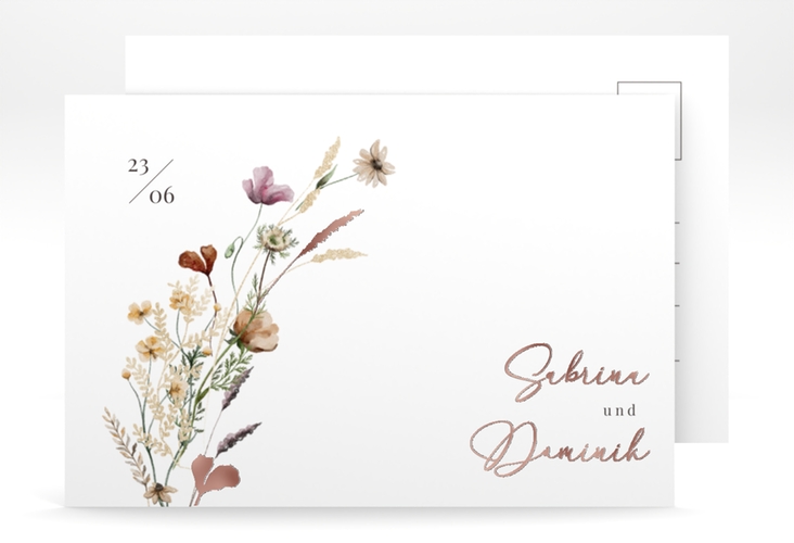 Save the Date-Postkarte Sauvages A6 Postkarte weiss rosegold mit getrockneten Wiesenblumen