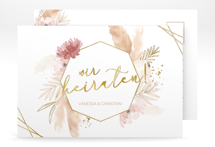 Save the Date-Postkarte Bohostyle A6 Postkarte beige gold mit Pampasgras in Aquarell