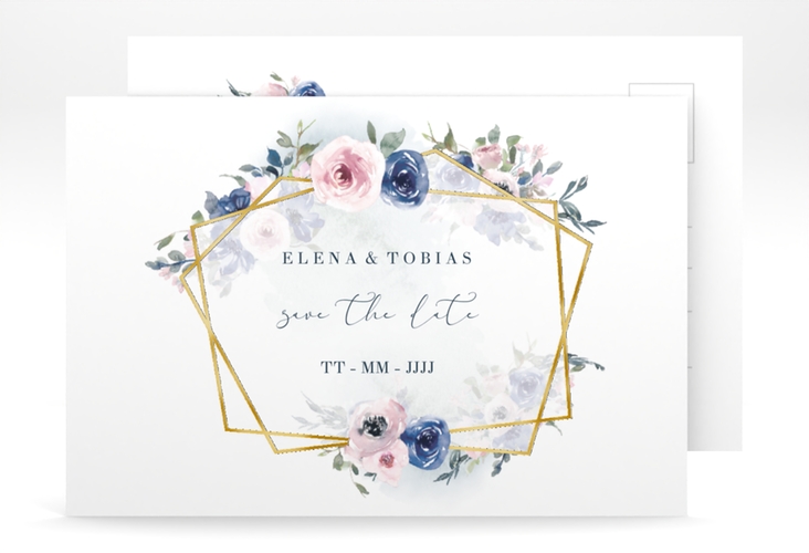 Save the Date-Postkarte Dustyblue A6 Postkarte weiss gold