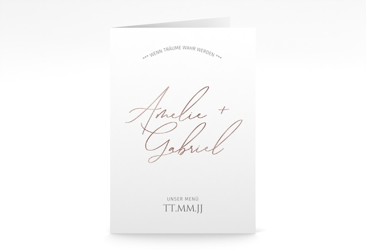 Menükarte Hochzeit Federschrift A5 Klappkarte hoch weiss rosegold in schlichtem Design mit Kalligrafie