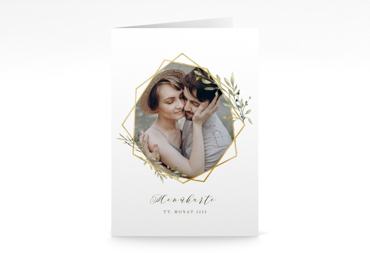 Menükarte Hochzeit Acacia A5 Klappkarte hoch weiss gold
