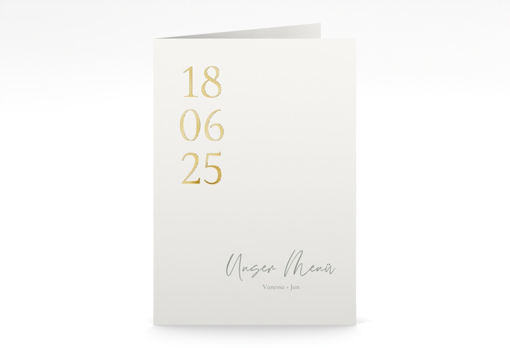 Menükarte Hochzeit Day A5 Klappkarte hoch weiss gold mit Datum im minimalistischen Design