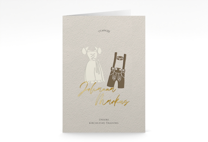 Kirchenheft Hochzeit Trachtenhochzeit A5 Klappkarte hoch beige gold mit Dirndl und Lederhose