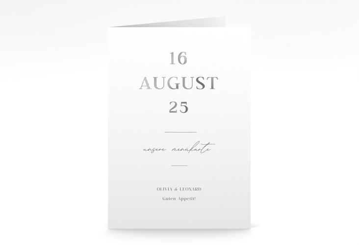 Menükarte Hochzeit Authentisch A5 Klappkarte hoch weiss silber in schlichtem Design mit großem Hochzeitsdatum
