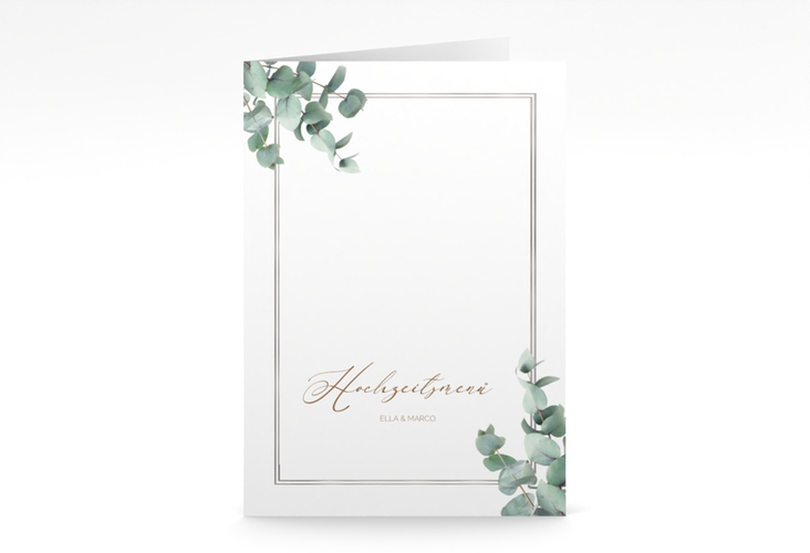 Menükarte Hochzeit Eucalypt A5 Klappkarte hoch weiss silber mit Eukalyptus und edlem Rahmen