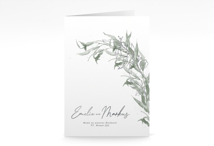 Menükarte Hochzeit Eucalyptus Green A5 Klappkarte hoch weiss silber