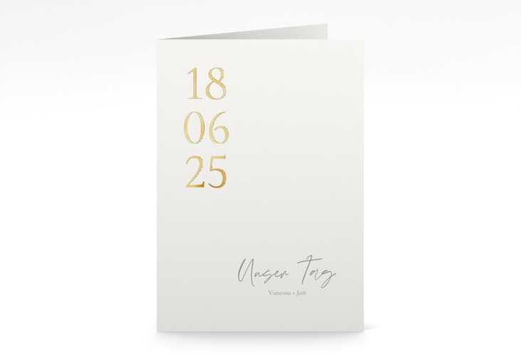 Kirchenheft Hochzeit Day A5 Klappkarte hoch weiss gold mit Datum im minimalistischen Design