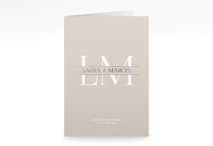 Menükarte Hochzeit Monogramm A5 Klappkarte hoch beige silber