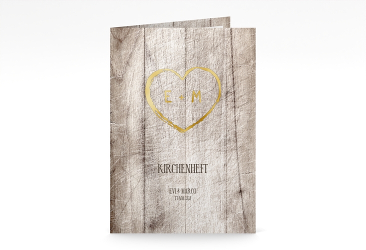 Kirchenheft Hochzeit Wood A5 Klappkarte hoch weiss gold