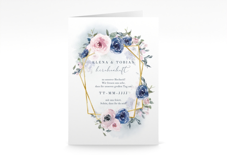 Kirchenheft Hochzeit Dustyblue A5 Klappkarte hoch weiss gold