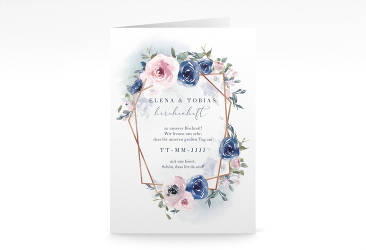 Kirchenheft Hochzeit Dustyblue A5 Klappkarte hoch weiss rosegold