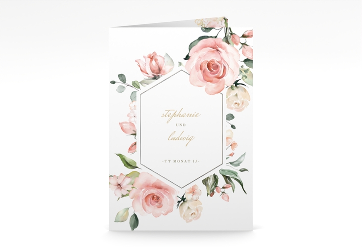 Menükarte Hochzeit Graceful A5 Klappkarte hoch weiss silber mit Rosenblüten in Rosa und Weiß