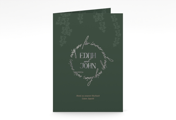 Menükarte Hochzeit Efeugrün A5 Klappkarte hoch gruen silber im Fantasy-Elfen-Design mit Efeu
