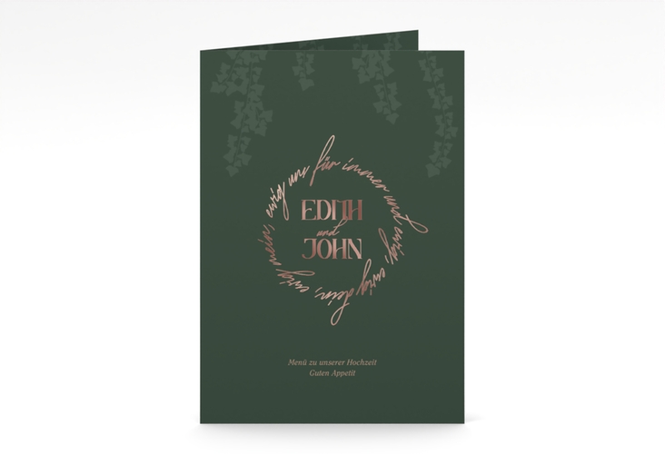 Menükarte Hochzeit Efeugrün A5 Klappkarte hoch gruen rosegold im Fantasy-Elfen-Design mit Efeu