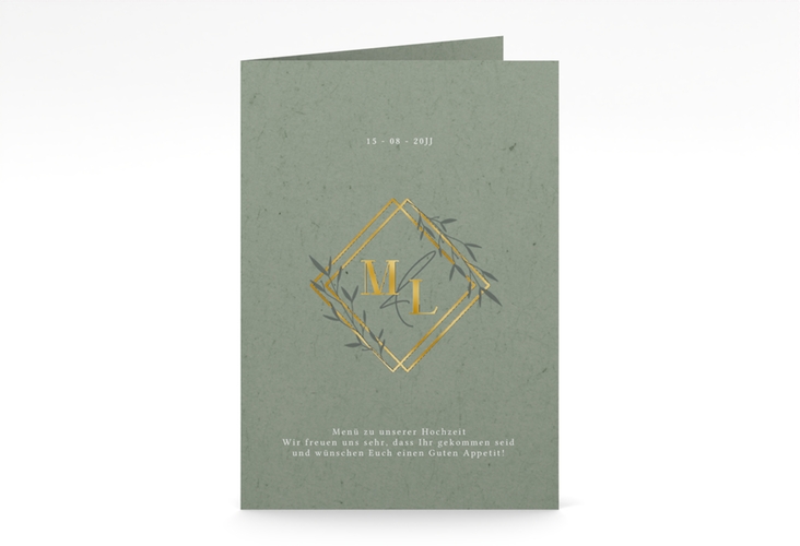 Menükarte Hochzeit Greenletter A5 Klappkarte hoch gruen gold mit Initialen in elegantem Goldrahmen mit Blättern