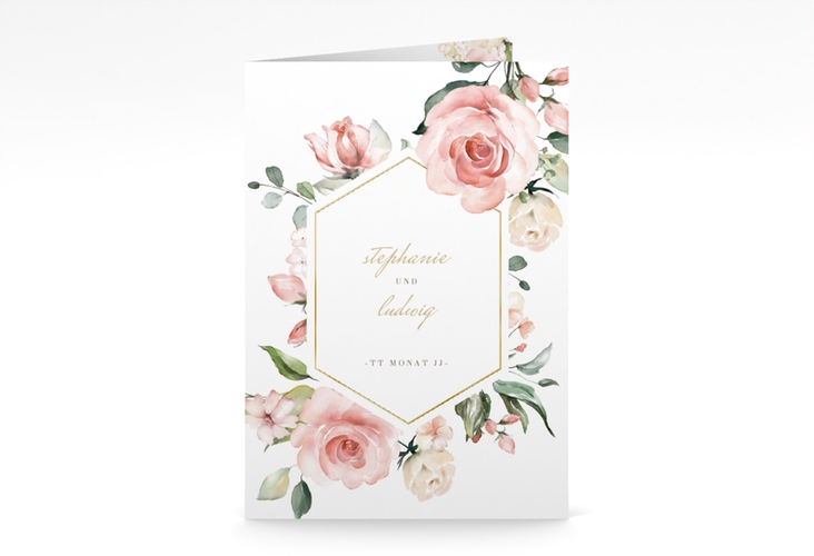 Kirchenheft Hochzeit Graceful A5 Klappkarte hoch weiss gold mit Rosenblüten in Rosa und Weiß