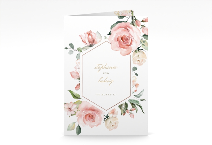 Kirchenheft Hochzeit Graceful A5 Klappkarte hoch weiss rosegold mit Rosenblüten in Rosa und Weiß