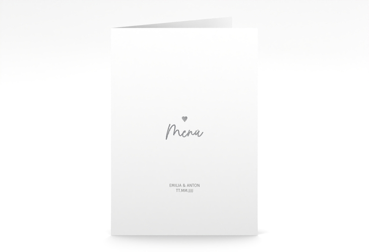 Menükarte Hochzeit Herzschlag A5 Klappkarte hoch weiss silber schlicht und elegant mit Herzchen