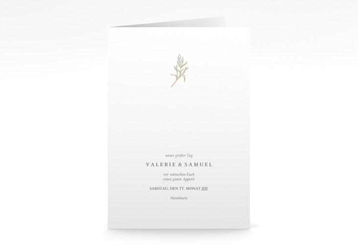 Menükarte Hochzeit Ivy A5 Klappkarte hoch weiss gold minimalistisch mit kleiner botanischer Illustration