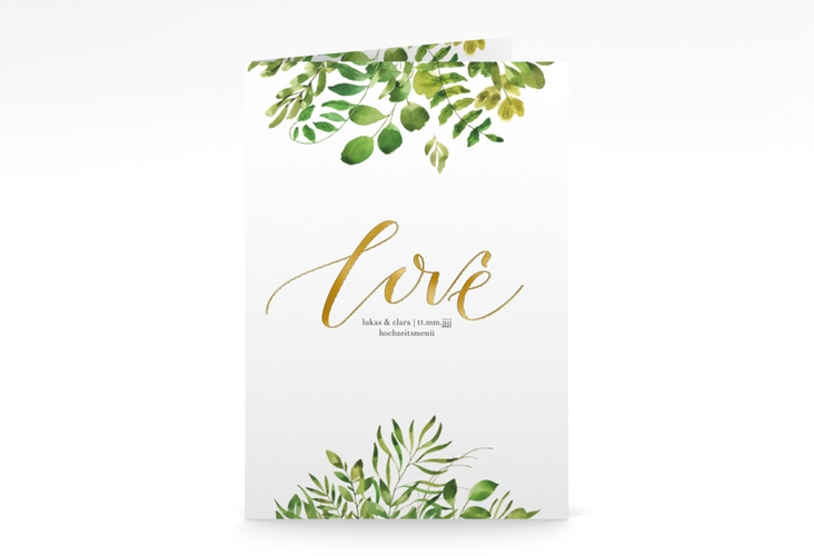 Menükarte Hochzeit Botany A5 Klappkarte hoch weiss gold
