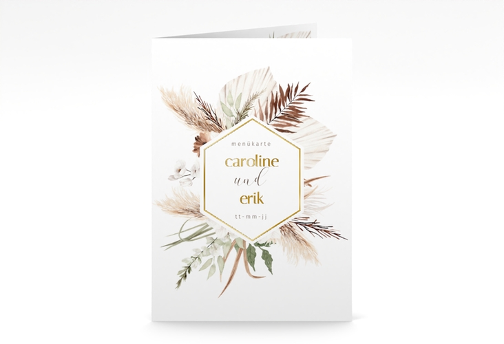 Menükarte Hochzeit Bohemian A5 Klappkarte hoch weiss gold