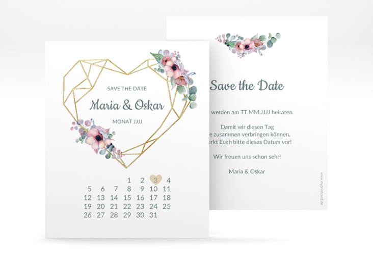 Save the Date-Kalenderblatt Herzgold Kalenderblatt-Karte weiss gold