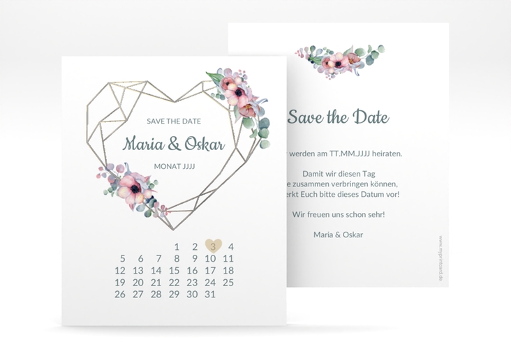 Save the Date-Kalenderblatt Herzgold Kalenderblatt-Karte weiss silber