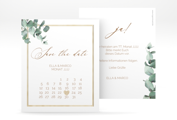 Save the Date-Kalenderblatt Eucalypt Kalenderblatt-Karte weiss gold mit Eukalyptus und edlem Rahmen