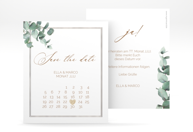 Save the Date-Kalenderblatt Eucalypt Kalenderblatt-Karte weiss silber mit Eukalyptus und edlem Rahmen