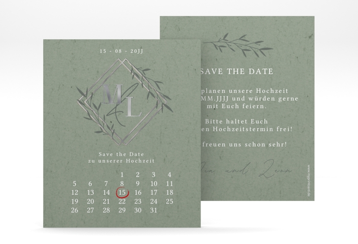 Save the Date-Kalenderblatt Greenletter Kalenderblatt-Karte gruen silber mit Initialen in elegantem Goldrahmen mit Blättern
