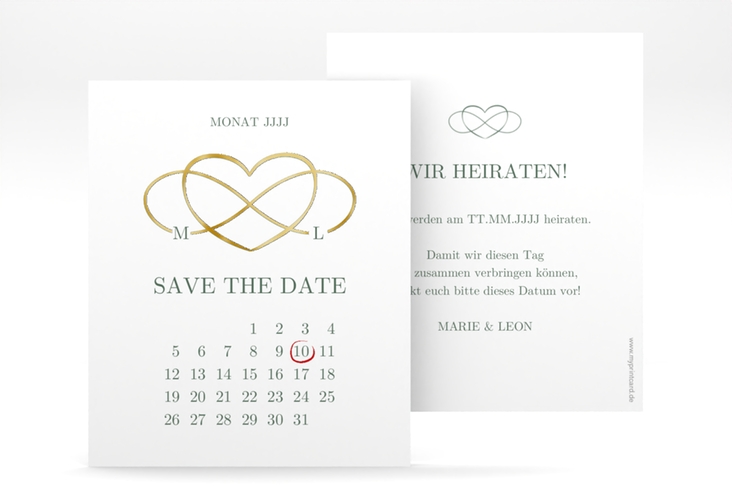 Save the Date-Kalenderblatt Infinity Kalenderblatt-Karte gruen gold