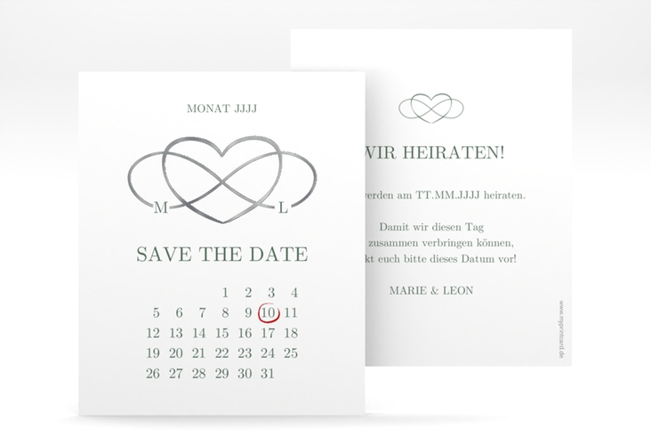 Save the Date-Kalenderblatt Infinity Kalenderblatt-Karte gruen silber