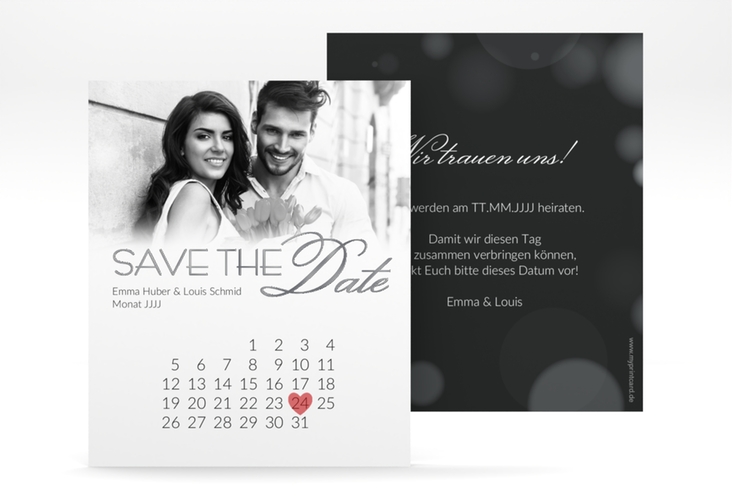 Save the Date-Kalenderblatt Bokeh Kalenderblatt-Karte weiss silber