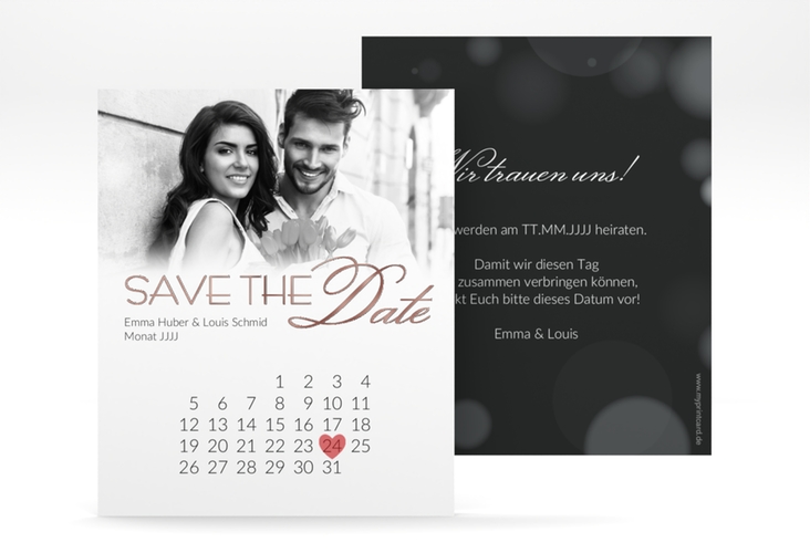 Save the Date-Kalenderblatt Bokeh Kalenderblatt-Karte weiss rosegold