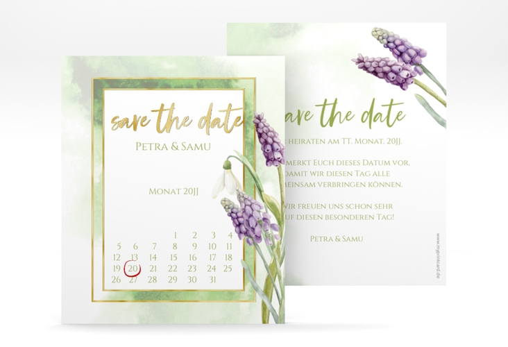 Save the Date-Kalenderblatt Frühling Kalenderblatt-Karte gruen gold mit Frühlingsblumen in Aquarell
