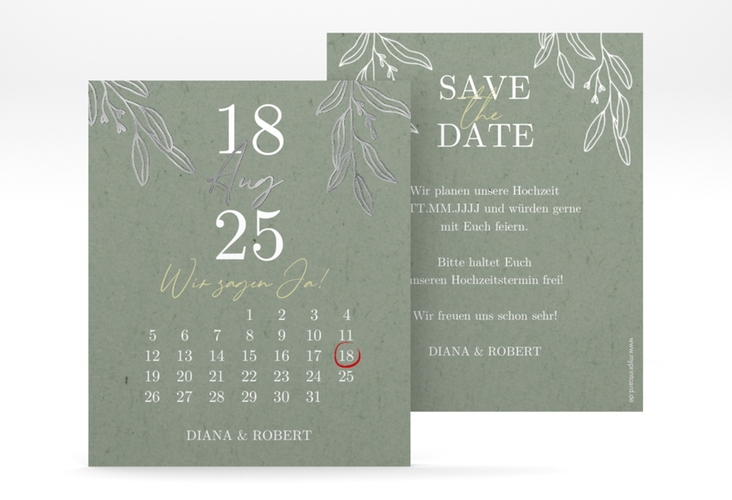 Save the Date-Kalenderblatt Greendate Kalenderblatt-Karte gruen silber im Greenery-Design mit Holz, Eukalyptus und Immergrün