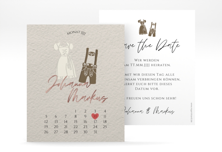 Save the Date-Kalenderblatt Trachtenhochzeit Kalenderblatt-Karte beige rosegold mit Dirndl und Lederhose
