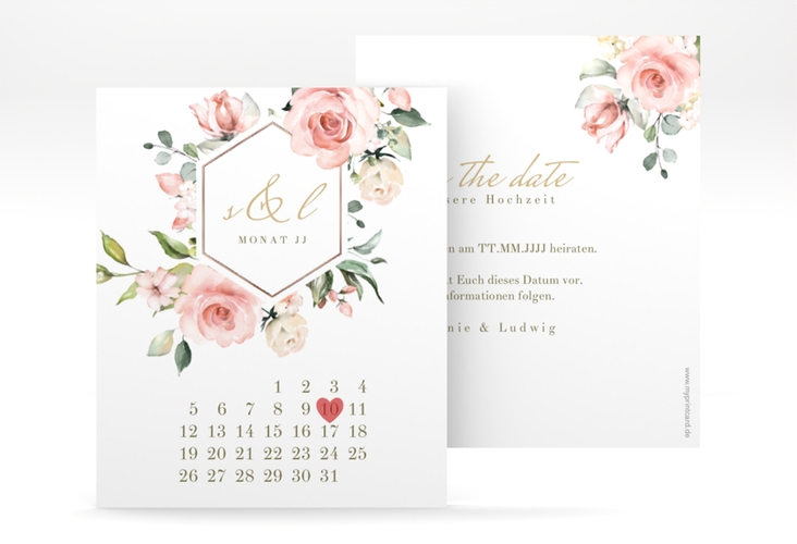 Save the Date-Kalenderblatt Graceful Kalenderblatt-Karte weiss rosegold mit Rosenblüten in Rosa und Weiß
