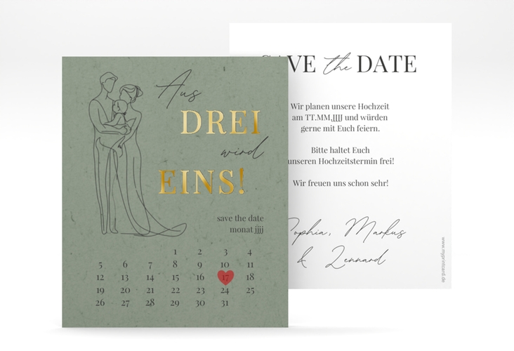 Save the Date-Kalenderblatt Vereint Kalenderblatt-Karte gruen gold mit Folie