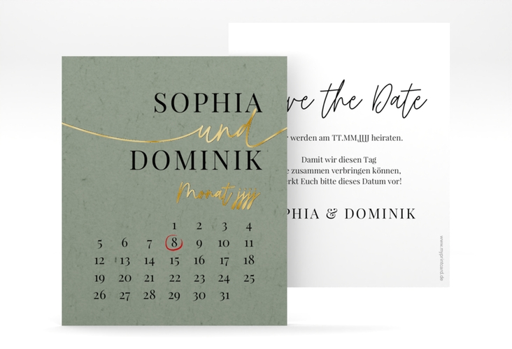Save the Date-Kalenderblatt Easy Kalenderblatt-Karte gruen gold im modernen minimalistischen Design