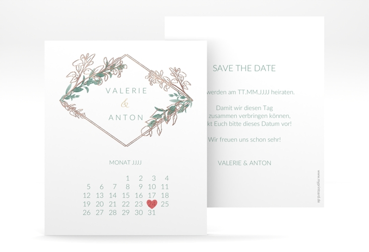 Save the Date-Kalenderblatt Verde Kalenderblatt-Karte weiss rosegold