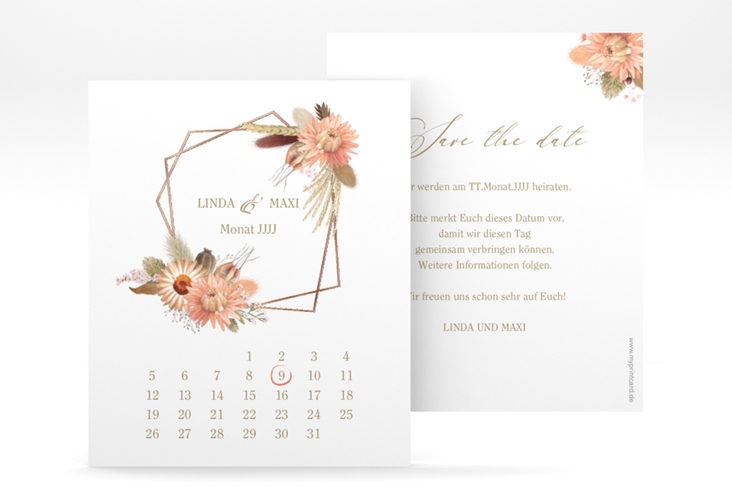 Save the Date-Kalenderblatt Strohblume Kalenderblatt-Karte weiss rosegold