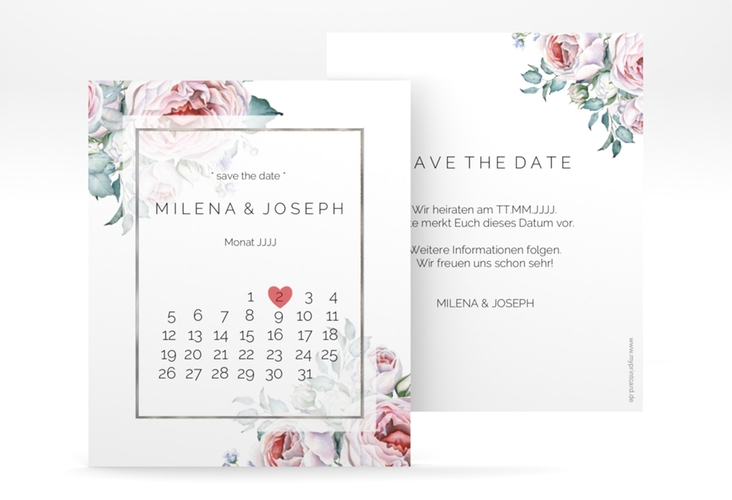 Save the Date-Kalenderblatt Embrace Kalenderblatt-Karte weiss silber