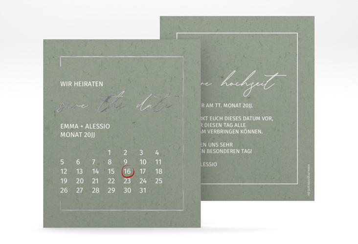 Save the Date-Kalenderblatt Simple Line Kalenderblatt-Karte gruen silber