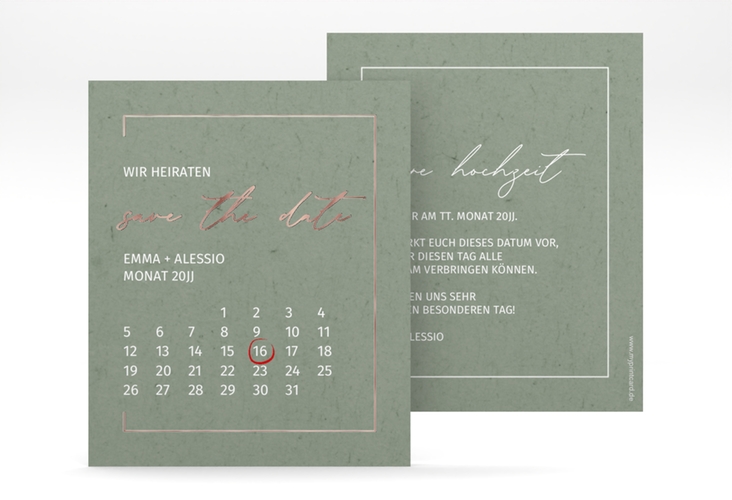 Save the Date-Kalenderblatt Simple Line Kalenderblatt-Karte gruen rosegold