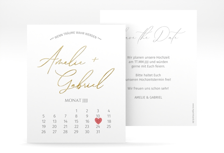 Save the Date-Kalenderblatt Federschrift Kalenderblatt-Karte weiss gold in schlichtem Design mit Kalligrafie