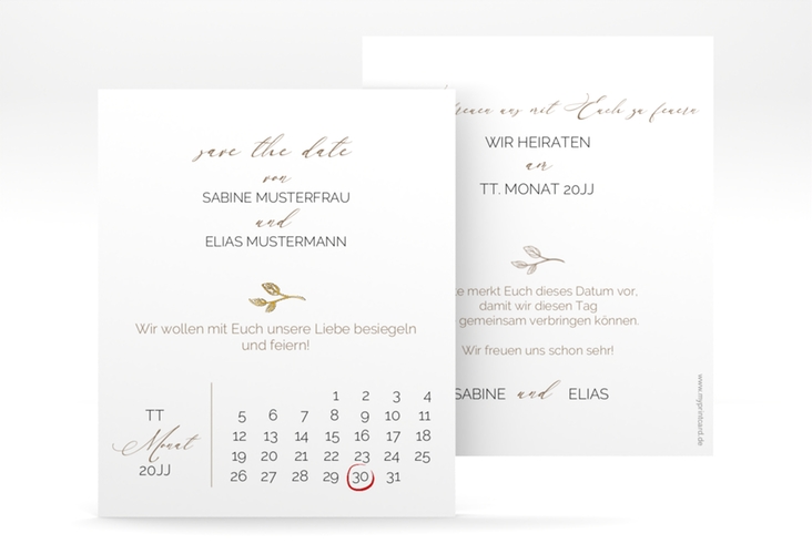 Save the Date-Kalenderblatt Plain Kalenderblatt-Karte weiss gold